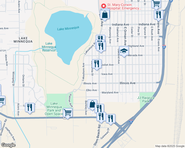 map of restaurants, bars, coffee shops, grocery stores, and more near 1400 Iowa Avenue in Pueblo