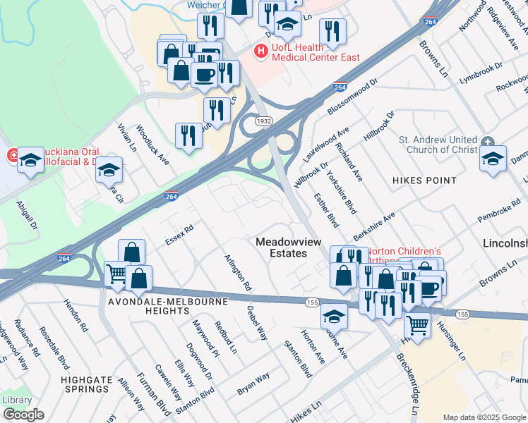 map of restaurants, bars, coffee shops, grocery stores, and more near 21 Breckinridge Square in Meadowview Estates