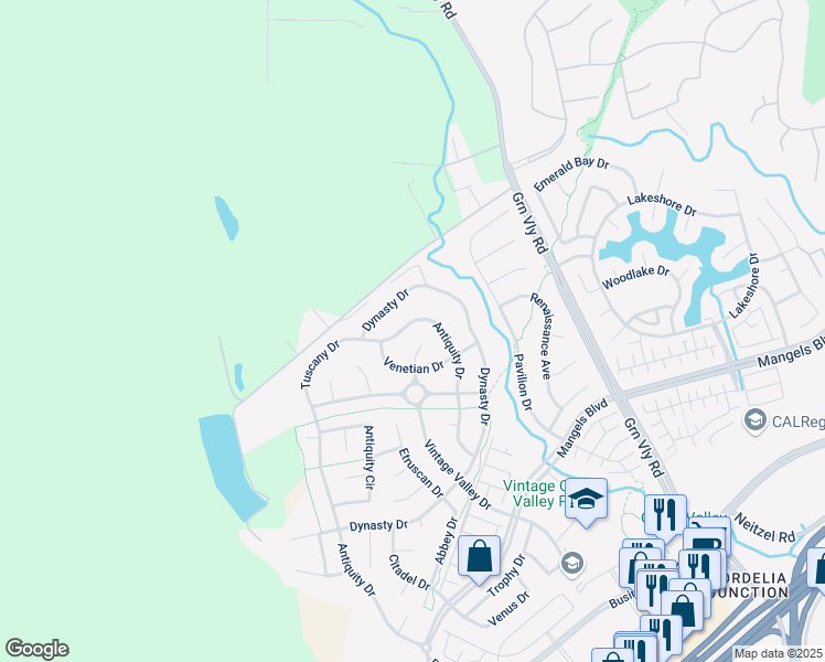 map of restaurants, bars, coffee shops, grocery stores, and more near 731 Antiquity Drive in Fairfield