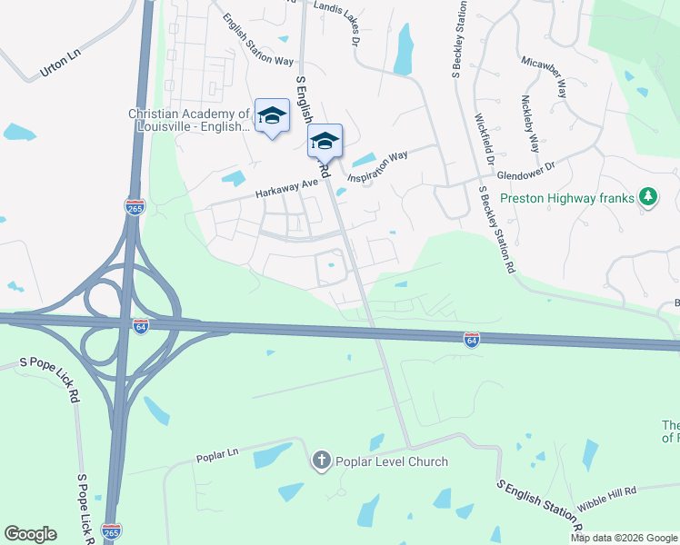 map of restaurants, bars, coffee shops, grocery stores, and more near 14500 English Park Circle in Louisville