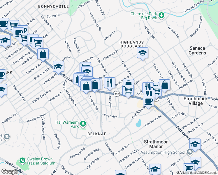 map of restaurants, bars, coffee shops, grocery stores, and more near 2011 Woodbourne Avenue in Louisville