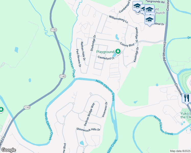 map of restaurants, bars, coffee shops, grocery stores, and more near 105 Glouchester Drive in Georgetown