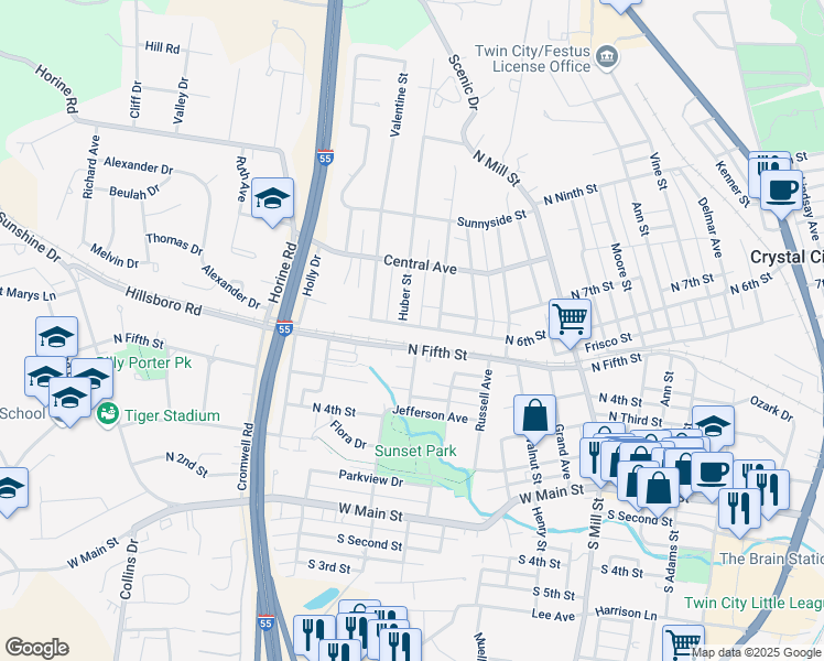 map of restaurants, bars, coffee shops, grocery stores, and more near 816 North 6th Street in Festus