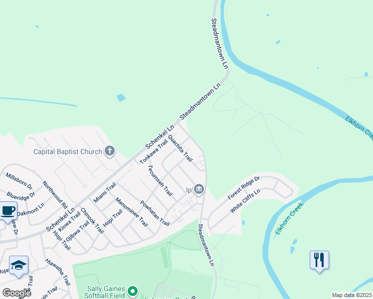 map of restaurants, bars, coffee shops, grocery stores, and more near 108 Quachita Trail in Frankfort