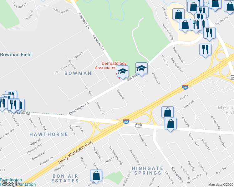 map of restaurants, bars, coffee shops, grocery stores, and more near 2906 Abigail Drive in Louisville