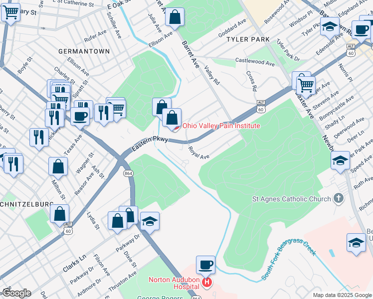 map of restaurants, bars, coffee shops, grocery stores, and more near 1167 Castlevale Drive in Louisville