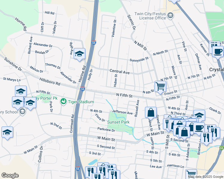 map of restaurants, bars, coffee shops, grocery stores, and more near 816 North 6th Street in Festus
