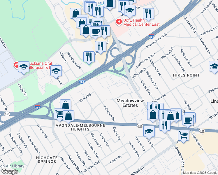 map of restaurants, bars, coffee shops, grocery stores, and more near 84 Breckinridge Square in Louisville