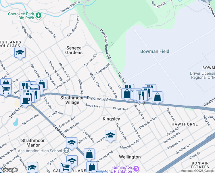 map of restaurants, bars, coffee shops, grocery stores, and more near 2624 Landor Avenue in Louisville