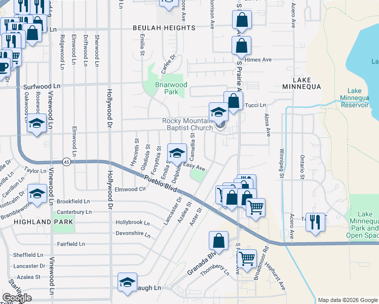 map of restaurants, bars, coffee shops, grocery stores, and more near 2590-2600 Camellia Street in Pueblo