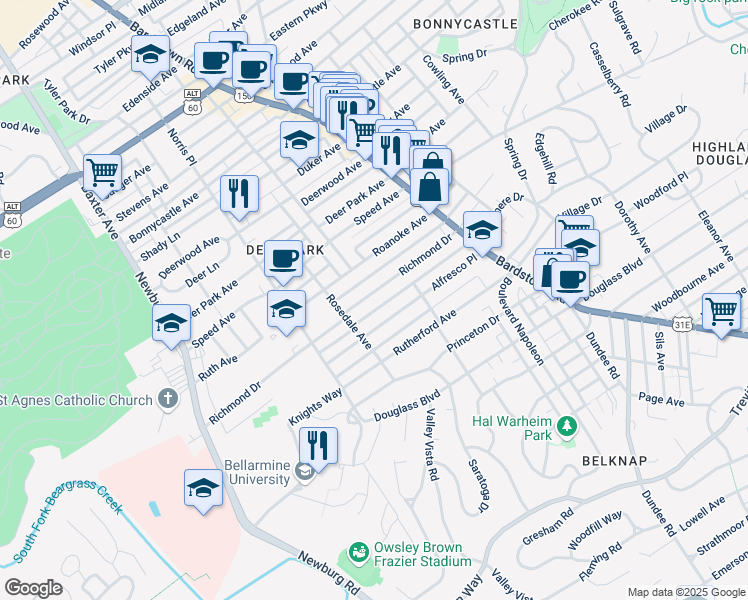 map of restaurants, bars, coffee shops, grocery stores, and more near 1898 Richmond Drive in Louisville