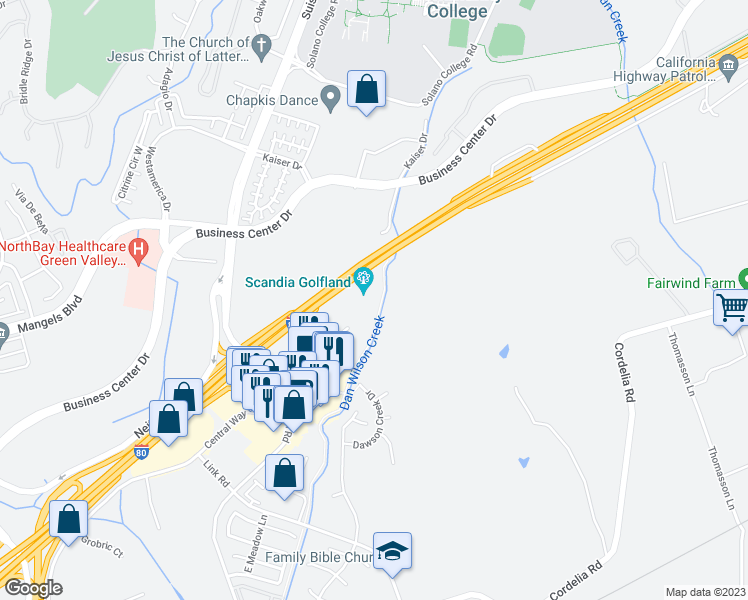 map of restaurants, bars, coffee shops, grocery stores, and more near 4300 Central Place in Fairfield