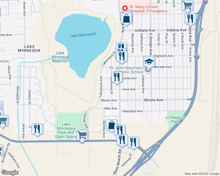 map of restaurants, bars, coffee shops, grocery stores, and more near 1400-1434 Iowa Avenue in Pueblo