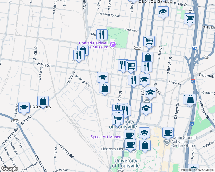 map of restaurants, bars, coffee shops, grocery stores, and more near 500 West Gaulbert Avenue in Louisville