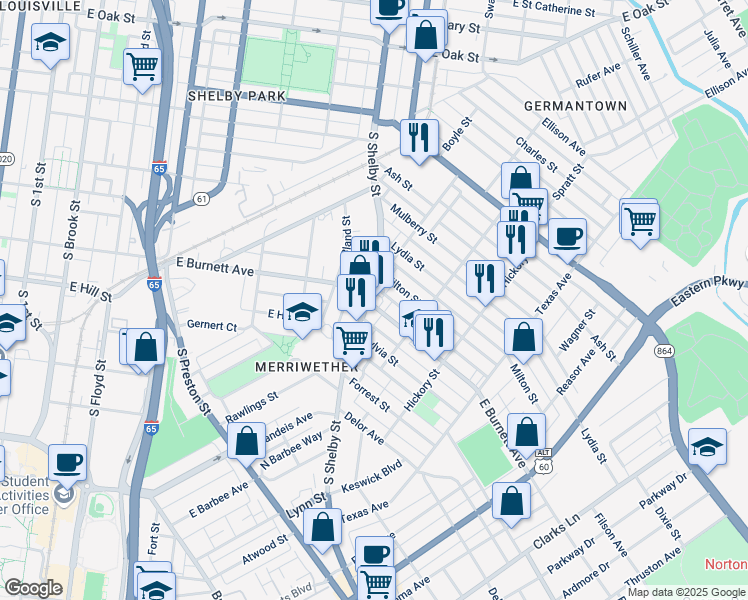 map of restaurants, bars, coffee shops, grocery stores, and more near 817 East Burnett Avenue in Louisville