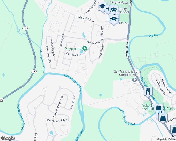 map of restaurants, bars, coffee shops, grocery stores, and more near 97 Stony Point Drive in Georgetown