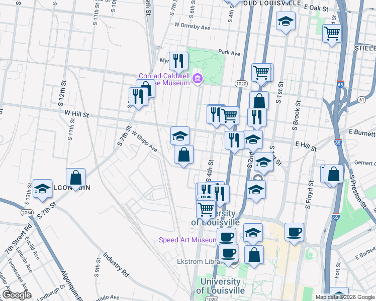 map of restaurants, bars, coffee shops, grocery stores, and more near 500 West Gaulbert Avenue in Louisville