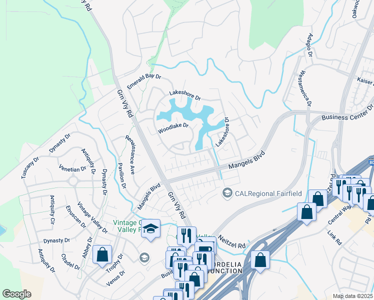 map of restaurants, bars, coffee shops, grocery stores, and more near 5099 Moss Creek Way in Fairfield