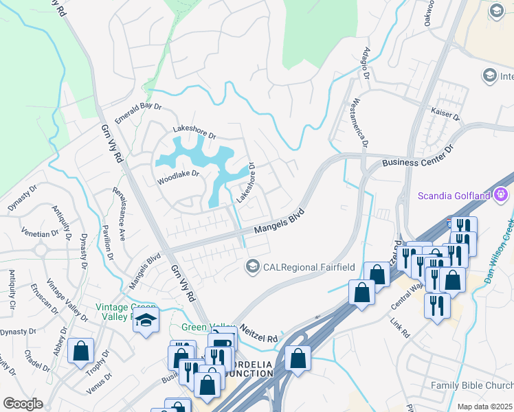 map of restaurants, bars, coffee shops, grocery stores, and more near 542 Julmar Circle in Fairfield