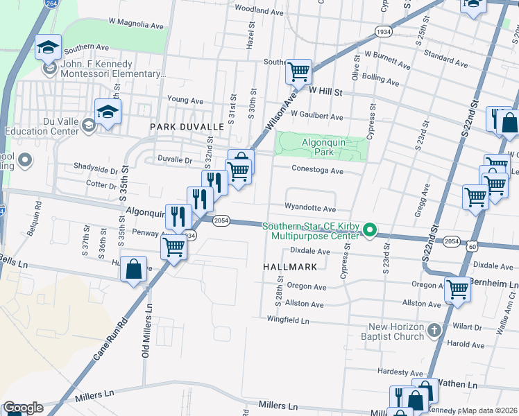 map of restaurants, bars, coffee shops, grocery stores, and more near 2711 Algonquin Parkway in Louisville