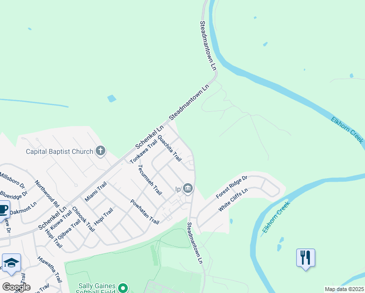 map of restaurants, bars, coffee shops, grocery stores, and more near 108 Quachita Trail in Frankfort