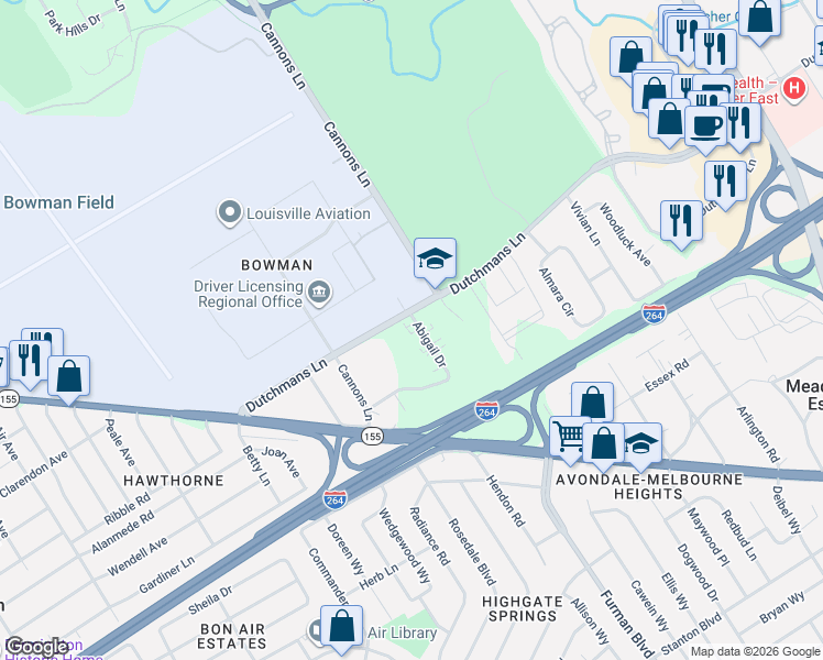 map of restaurants, bars, coffee shops, grocery stores, and more near 2906 Abigail Drive in Louisville
