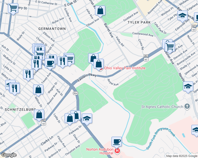 map of restaurants, bars, coffee shops, grocery stores, and more near 1167 Castlevale Drive in Louisville