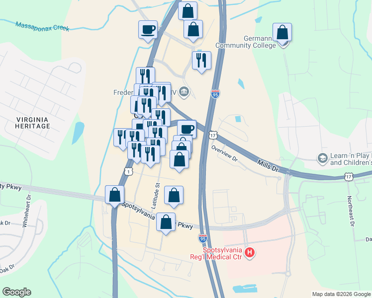 map of restaurants, bars, coffee shops, grocery stores, and more near 9785 Jefferson Davis Highway in Fredericksburg