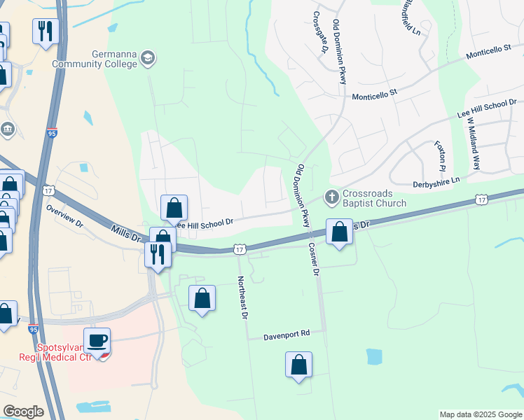 map of restaurants, bars, coffee shops, grocery stores, and more near 9500 Airdrie Lane in Fredericksburg