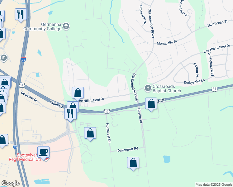 map of restaurants, bars, coffee shops, grocery stores, and more near 9500 Airdrie Lane in Fredericksburg
