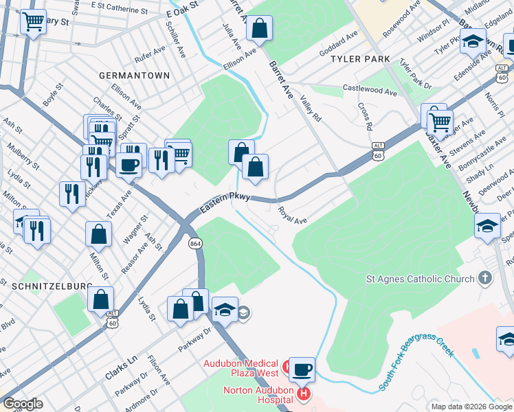 map of restaurants, bars, coffee shops, grocery stores, and more near 1167 Castlevale Drive in Louisville