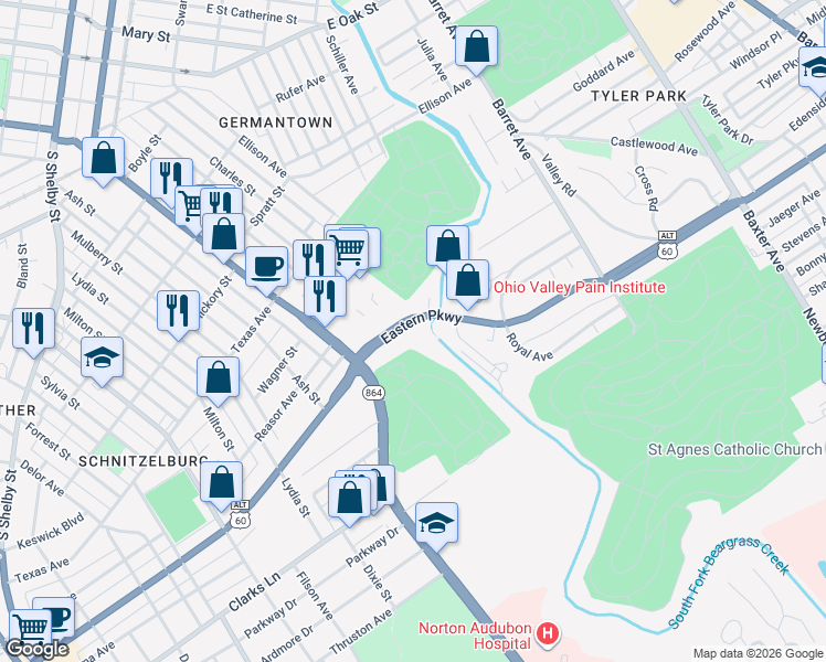 map of restaurants, bars, coffee shops, grocery stores, and more near 1128 Eastern Parkway in Louisville