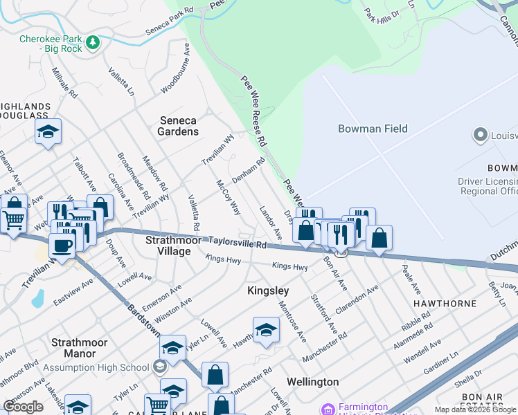 map of restaurants, bars, coffee shops, grocery stores, and more near 2624 Landor Avenue in Louisville