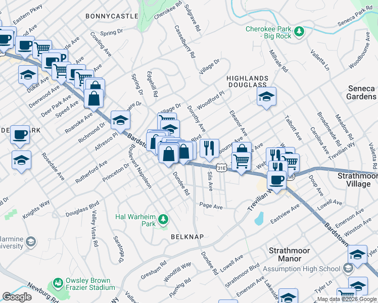 map of restaurants, bars, coffee shops, grocery stores, and more near 2239 Bardstown Road in Louisville