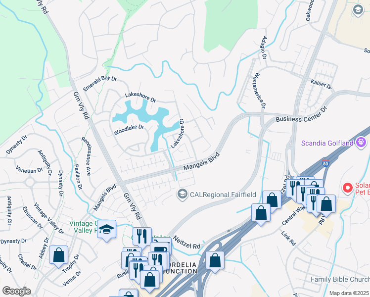 map of restaurants, bars, coffee shops, grocery stores, and more near 550 Julmar Circle in Fairfield