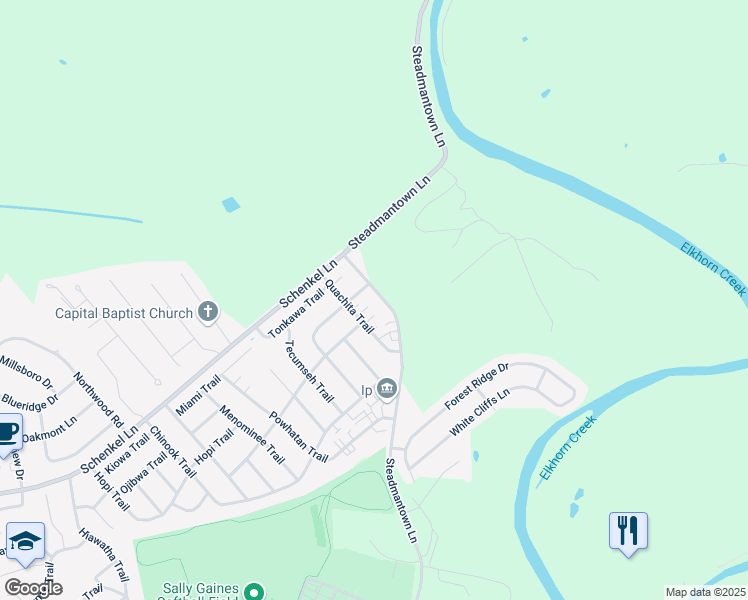 map of restaurants, bars, coffee shops, grocery stores, and more near 108 Quachita Trail in Frankfort