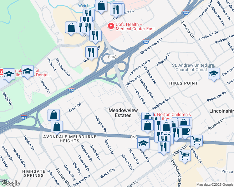 map of restaurants, bars, coffee shops, grocery stores, and more near 21 Breckinridge Square in Meadowview Estates