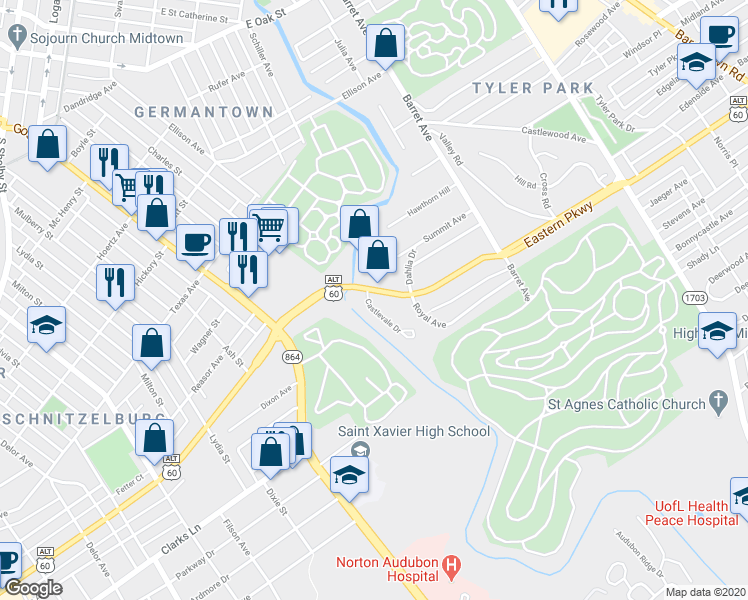 map of restaurants, bars, coffee shops, grocery stores, and more near 1160 1/2 Castlevale Drive in Louisville