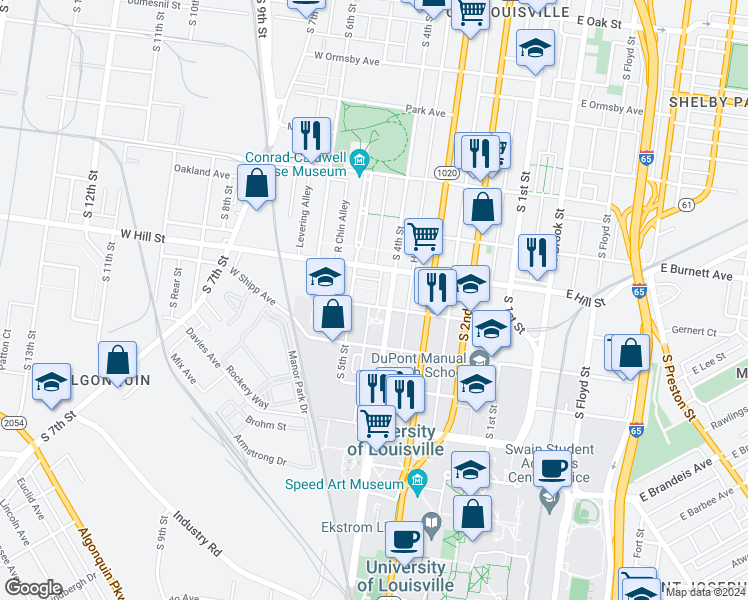 map of restaurants, bars, coffee shops, grocery stores, and more near 1600 South 4th Street in Louisville