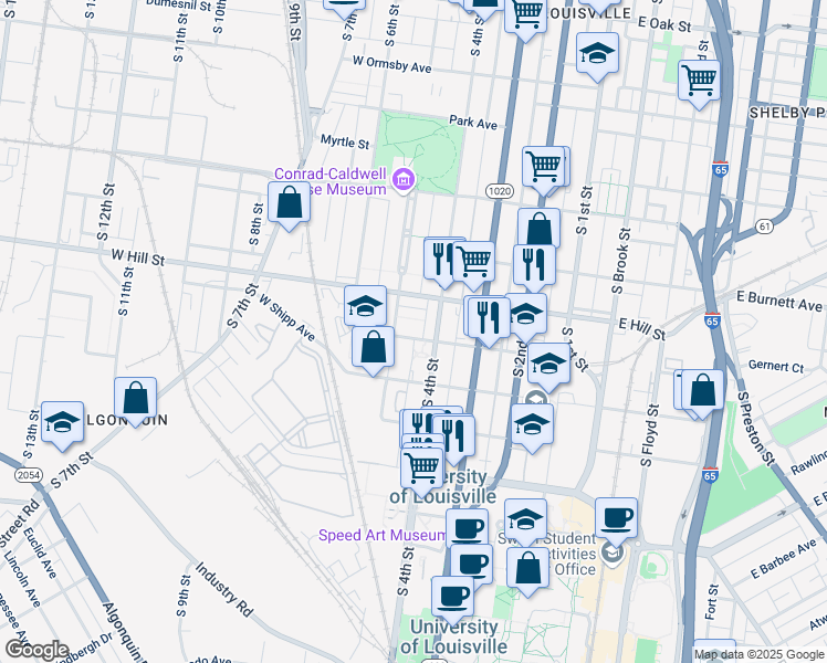 map of restaurants, bars, coffee shops, grocery stores, and more near 1600 South 4th Street in Louisville
