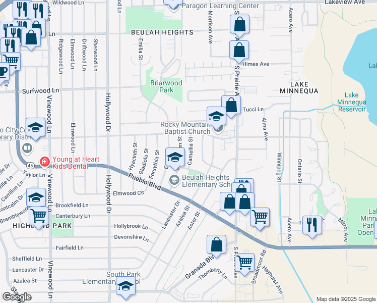 map of restaurants, bars, coffee shops, grocery stores, and more near 2561 Camellia Street in Pueblo