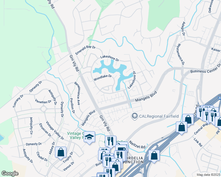 map of restaurants, bars, coffee shops, grocery stores, and more near 5123 Moss Creek Way in Fairfield