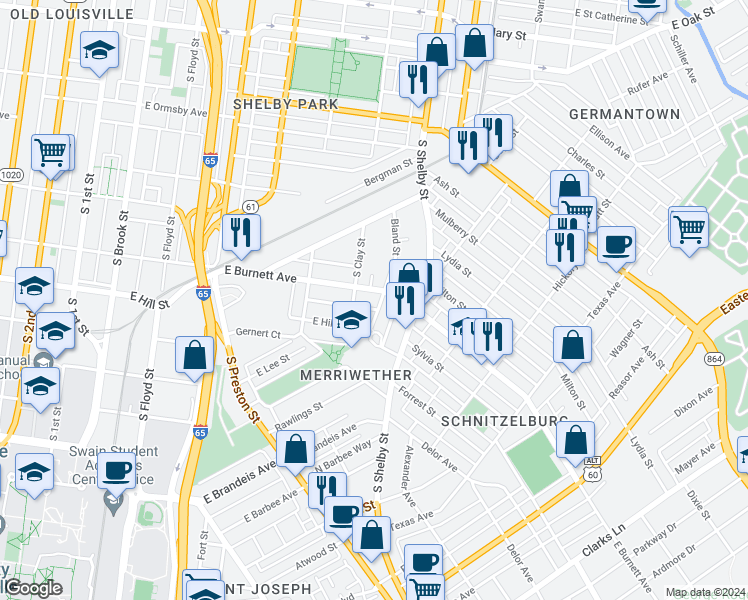 map of restaurants, bars, coffee shops, grocery stores, and more near 709 East Hill Street in Louisville
