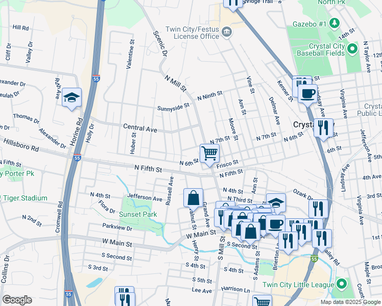 map of restaurants, bars, coffee shops, grocery stores, and more near 602 Ridge Avenue in Festus