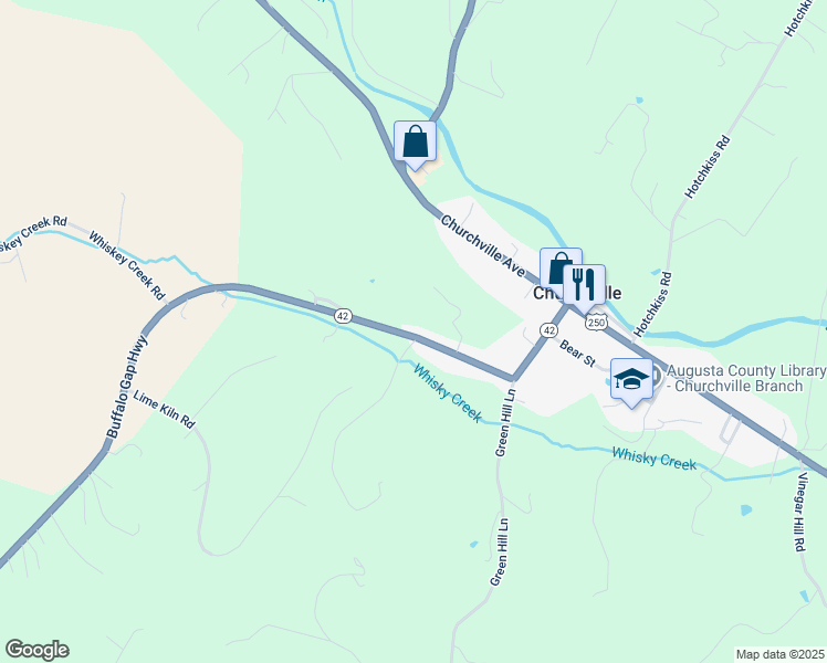 map of restaurants, bars, coffee shops, grocery stores, and more near 177 Buffalo Gap Highway in Churchville