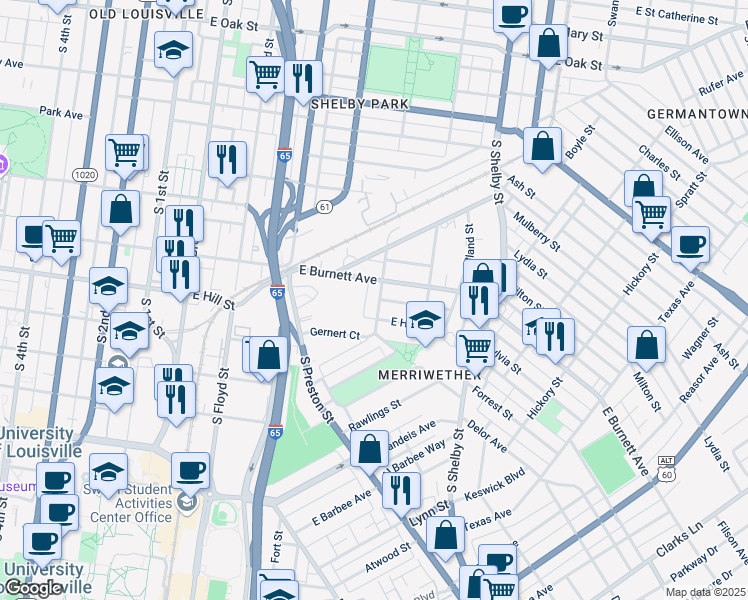 map of restaurants, bars, coffee shops, grocery stores, and more near 1444 South Hancock Street in Louisville