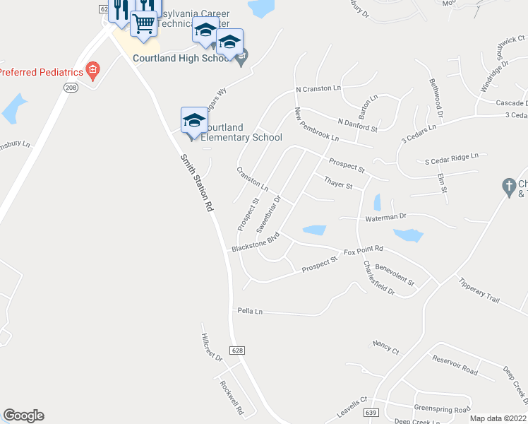 map of restaurants, bars, coffee shops, grocery stores, and more near 6227 Sweetbriar Drive in Fredericksburg