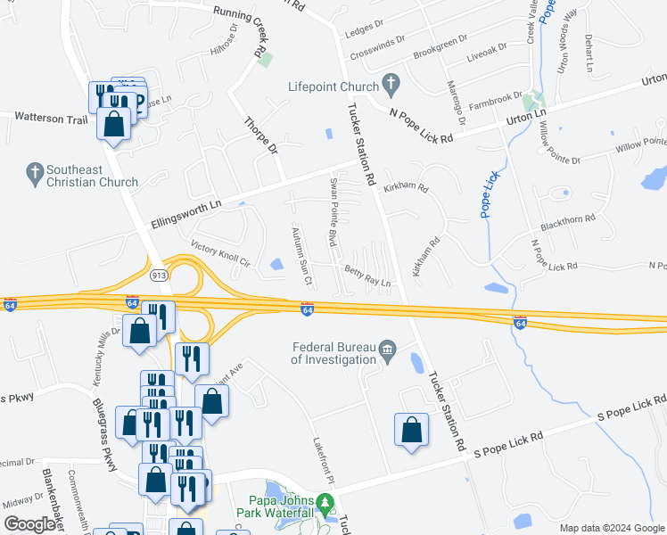 map of restaurants, bars, coffee shops, grocery stores, and more near 1303 Taxus Top Lane in Louisville