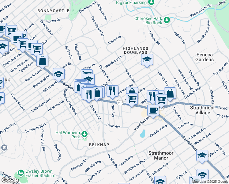 map of restaurants, bars, coffee shops, grocery stores, and more near 2012 Woodbourne Avenue in Louisville