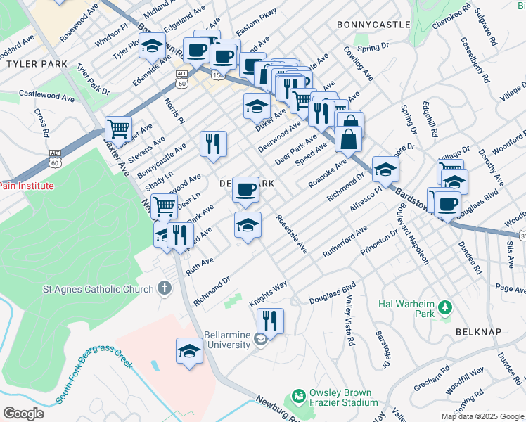 map of restaurants, bars, coffee shops, grocery stores, and more near 1812 Roanoke Avenue in Louisville
